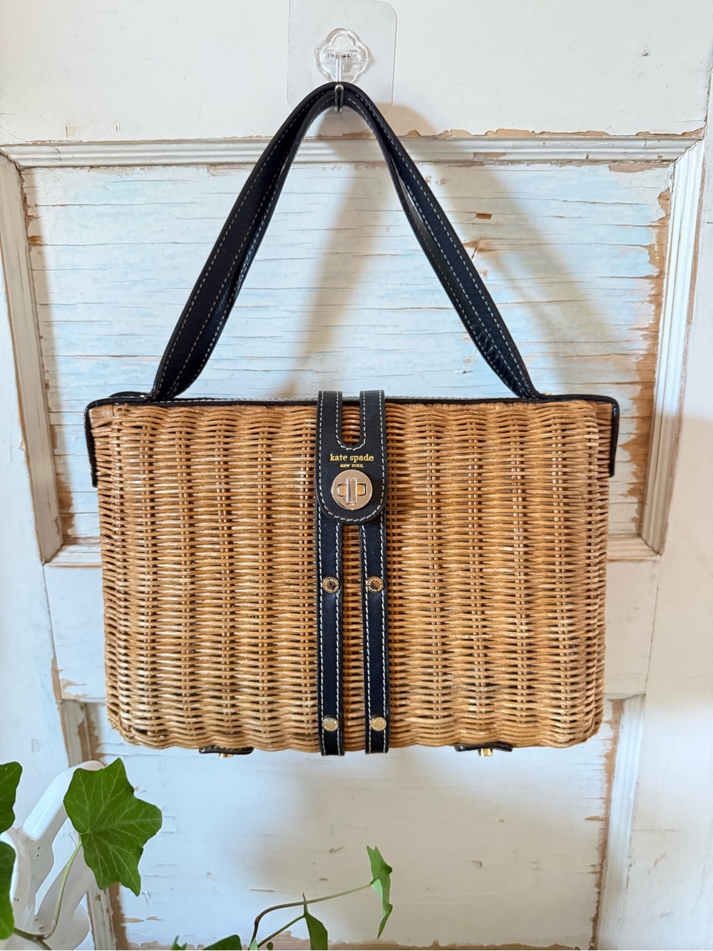 Vintage Kate Spade New York Wicker & Leather Satchel, Honey Rattan, + Dust Bag - Picture 2 of 15